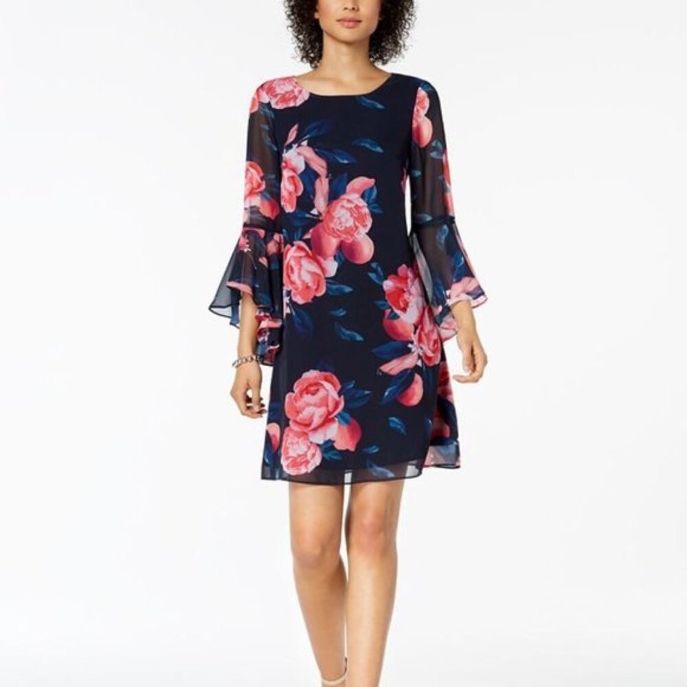 Nine West Floral Print Bell-Sleeve Chiffon Midi Dress | Size 16 | Blue & Pink